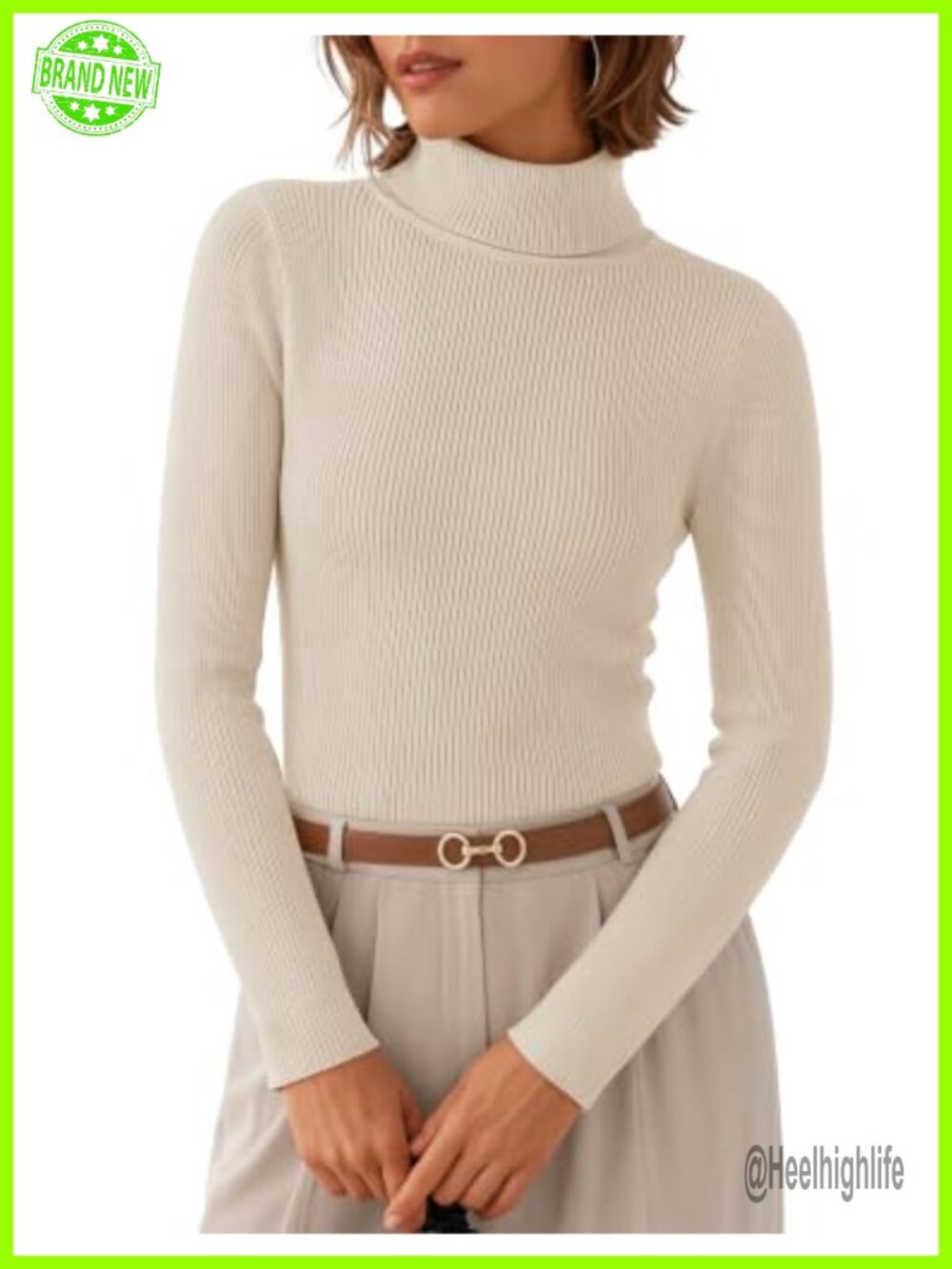 Women Long Sleeve Turtleneck Top Ribbed Knit Slim Fit Fall Sweater